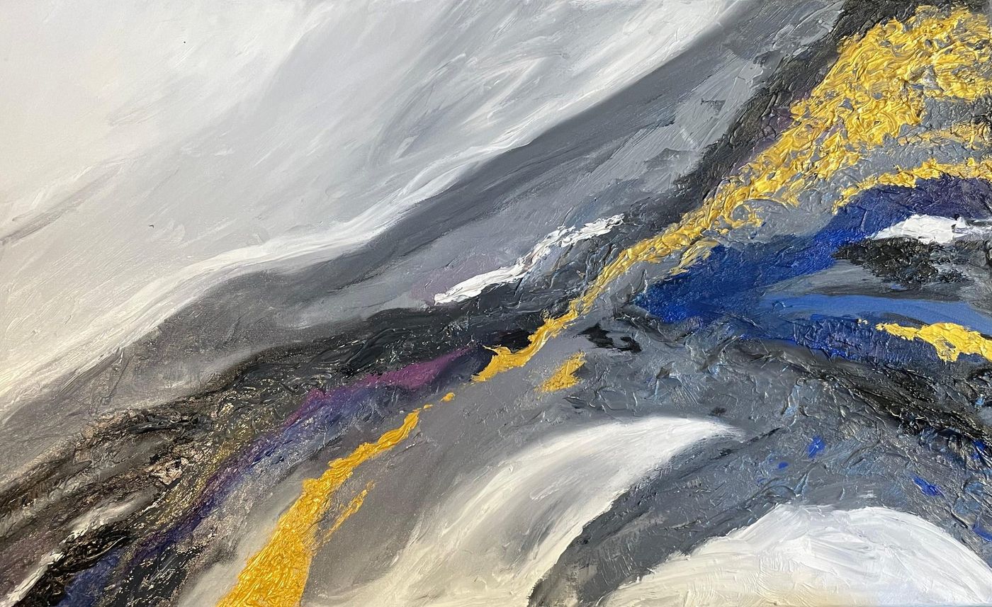 Veins of Light by Deepti Dasika: Abstract textured landscape of sweeping greys and whites, cut by veins of metallic gold, cobalt and violet.