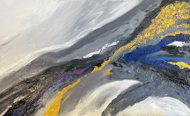 Veins of Light by Deepti Dasika: Abstract textured landscape of sweeping greys and whites, cut by veins of metallic gold, cobalt and violet.