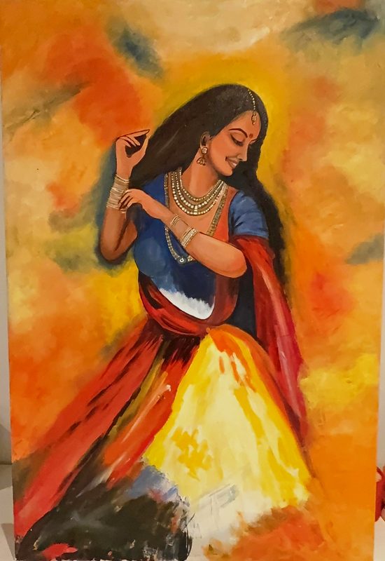 Saffron Rhythm by Deepti Dasika: Indian dancer in a blue blouse, red dupatta and yellow skirt, turning gracefully in a blazing orange-saffron field.